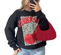 Gostyles® Women’s Round Neck Winter Wear Pullover Sweatshirt, Ladies Long Sleeve Cherries Leopard Print Baggy Oversized Jumper Top (Black, 12-14)