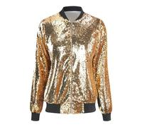 GOSTYLES® Women’s Sequin Glitter Bomber Jackets, Ladies Outerwear Long Sleeves Metallic Shinny Club Dance Party Costume Biker Blazer Tops (Gold, 12-14)