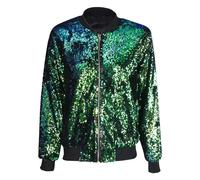 GOSTYLES® Women’s Sequin Glitter Bomber Jackets, Ladies Outerwear Long Sleeves Metallic Shinny Club Dance Party Costume Biker Blazer Tops (Green, 16-18)