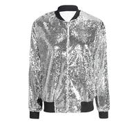 GOSTYLES® Women’s Sequin Glitter Bomber Jackets, Ladies Outerwear Long Sleeves Metallic Shinny Club Dance Party Costume Biker Blazer Tops (Silver, 12-14)