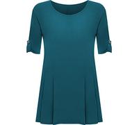 GOSTYLES® Womens Button Short Sleeve Plain Flared Long Tunic Top, Ladies Casual Office Stretchy Loose Fit Scoop Neck T-Shirt (Teal, 14)