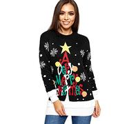 GOSTYLES Womens Christmas Jumper, Knit Sweater, Xmas Jumper with Merry Christmas Design, Long Sleeve Crew Neck Pullover Winter Top (A Very Mery Christmas Black, M-L)