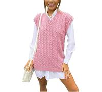GOSTYLES® Women's Chunky Cable Knitted Sleeveless Jumper - Ladies V-Neck Vest Tank Top Winter Knit Sweater (Pink, Large)