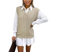 Gostyles® Women's Chunky Cable Knitted Sleeveless Jumper, Ladies V-Neck Vest Tank Top Winter Knit Sweater (Plain Stone, S)