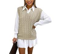 GOSTYLES® Women's Chunky Cable Knitted Sleeveless Jumper - Ladies V-Neck Vest Tank Top Winter Knit Sweater (Stone, Large)