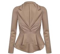 GOSTYLES® Womens Elegant Long Sleeve Peplum Blazer Jacket, Ladies Stylish One-Button Tailored Slim Fit Office Wear Flared Hem Coat (Stone, 16-18)