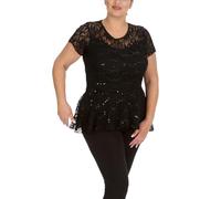 GOSTYLES® Womens Floral Lace Swing Peplum Top, Ladies Short Sleeves Elegant Sequin Detail Blouse (Black, 22-24)