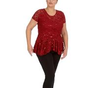 GOSTYLES® Womens Floral Lace Swing Peplum Top, Ladies Short Sleeves Elegant Sequin Detail Blouse (Wine, 22-24)