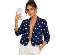 GOSTYLES Womens Italian Polka Dot Crop Blazer Jacket, Ladies Ruched Sleeve Open Front Smart Casual Tailored Blazer for Office, Party & Evening Wear, Chic Lightweight Fashion Jacket (Navy, XXL)