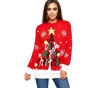 GOSTYLES® Womens Knitted “A Very Merry Christmas” Jumper, Ladies Festive Xmas Tree Pom Pom Sweater Long Sleeve Novelty Pullover Knit Top (Red, 12-14)
