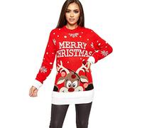 GOSTYLES® Womens Knitted Merry Christmas Reindeer Jumper, Ladies Cute Snowflake & Pom Pom Xmas Festive Holiday Pullover Warm Winter Novelty Knit Sweater (Red, 16-18)