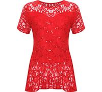 GOSTYLES® Womens Lace Sequin Short Sleeve Peplum Frill Top, Ladies Soft Stretchy Evening, Party, Casual Wear Stylish Elegant Blouse (Red, 22-24)