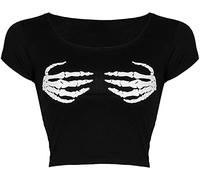 Gostyles® Women's Ladies Sexy Skeleton Hand Print Cap Sleeve Cropped Top Halloween Party Wear Shirts (Black, 12-14)