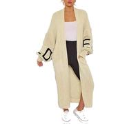 GOSTYLES® Women's Love Print Balloon Sleeve Knitted Maxi Cardigan, Ladies Winter Warm Knitwear Baggy Long Line Open Front Cardigan with Two Front Pockets (Cream, 12-14)