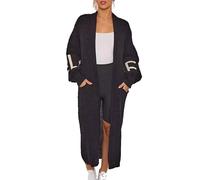 GOSTYLES® Women's Love Print Balloon Sleeve Knitted Maxi Cardigan, Ladies Winter Warm Knitwear Baggy Long Line Open Front Cardigan with Two Front Pockets (Black, 20-22)