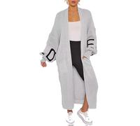 GOSTYLES® Women's Love Print Balloon Sleeve Knitted Maxi Cardigan, Ladies Winter Warm Knitwear Baggy Long Line Open Front Cardigan with Two Front Pockets (Grey, 20-22)