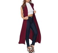 GOSTYLES® Womens Maxi Long Boyfriend Cardigans, Ladies Sleeveless Collared Top Open Front Cardigan Coat (Wine, 16-18)