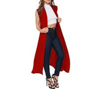GOSTYLES® Womens Maxi Long Boyfriend Cardigans, Ladies Sleeveless Collared Top Open Front Cardigan Coat (Red, 24-26)