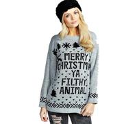 GOSTYLES® Womens Merry Christmas Ya Filthy Animal Jumper Funny Novelty Xmas Sweater, Ladies Festive Knitwear for Christmas Pullover Tops (Grey, XL)