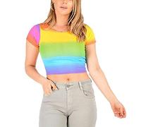 GOSTYLES® Womens Multi Print Short Sleeve Crop Top T-Shirts, Ladies Summer Stretch Fit Short Tee Tops Shirt Blouse (Rainbow Print, 8-10)