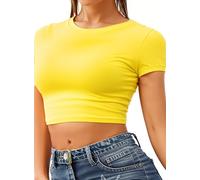 GOSTYLES® Womens Multi Print Short Sleeve Crop Top T-Shirts, Ladies Summer Stretch Fit Short Tee Tops Shirt Blouse (Plain Yellow, 8-10)