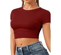 GOSTYLES® Womens Multi Print Short Sleeve Crop Top T-Shirts, Ladies Summer Stretch Fit Short Tee Tops Shirt Blouse (Plain Wine, 8-10)