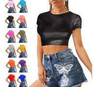 GOSTYLES® Womens Multi Print Short Sleeve Crop Top T-Shirts, Ladies Summer Stretch Fit Short Tee Tops Shirt Blouse (Wet Look Black, 8-10)