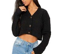 GOSTYLES® Womens New Crop Cable Knit Cardigan, Ladies Cropped Outerwear Classic 3 Button Open Front Sweater (Black, 12-14)