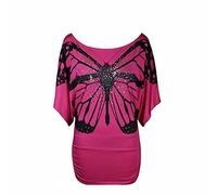 GOSTYLES® Womens Off Shoulder Glitter Sequin Butterfly Printed Top, Ladies Casual Party Wear Batwing Sleeve Summer Stretch Shirt (Pink, 12-14)