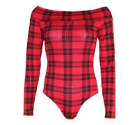GOSTYLES® Womens Off-Shoulder Long Sleeve Slim-Fit Stretchy Bardot Bodysuit, Ladies Elegant Party Wear Jumpsuit Leotard Top (Red Tartan, 12)
