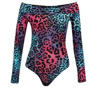 GOSTYLES® Womens Off-Shoulder Long Sleeve Slim-Fit Stretchy Bardot Bodysuit, Ladies Elegant Party Wear Jumpsuit Leotard Top (Multi Leopard, 18)