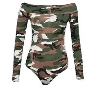 GOSTYLES® Womens Off-Shoulder Long Sleeve Slim-Fit Stretchy Bardot Bodysuit, Ladies Elegant Party Wear Jumpsuit Leotard Top (Camouflage Green, 24)