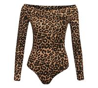 GOSTYLES® Womens Off-Shoulder Long Sleeve Slim-Fit Stretchy Bardot Bodysuit, Ladies Elegant Party Wear Jumpsuit Leotard Top (Brown Leopard, 26)