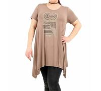 GOSTYLES® Womens Owl Diamante Studded Hanky Hem Top, Ladies Short Sleeve Sparkly Blouse T-Shirt, Uneven Hem Oversized Casual Evening Tunic Top (Mocha, 26-28)