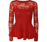 GOSTYLES® Womens Peplum Popcorn Lace Sequin Long Sleeve Bodycon Blouse, Ladies Elegant Fitted Evening Top (Red, 12-14)
