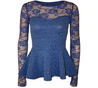 GOSTYLES® Womens Peplum Popcorn Lace Sequin Long Sleeve Bodycon Blouse, Ladies Elegant Fitted Evening Top (Royal Blue, 12-14)