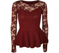 GOSTYLES® Womens Peplum Popcorn Lace Sequin Long Sleeve Bodycon Blouse, Ladies Elegant Fitted Evening Top (Wine, 12-14)