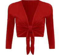 Gostyles® Women's Plain Long Sleeves Front Knot Bolero Shrug Top - Ladies Stretchy Cropped Cardigan (Red, 8/10)