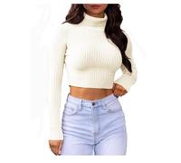 GOSTYLES® Womens Ribbed Polo Roll Neck Crop Top - Ladies Soft Knitted Mock Turtle Neck Long Sleeve Jumper Stretch Cropped Sweater Top (Cream, 8-10)