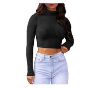GOSTYLES® Womens Ribbed Polo Roll Neck Crop Top - Ladies Soft Knitted Mock Turtle Neck Long Sleeve Jumper Stretch Cropped Sweater Top (Black, 8-10)