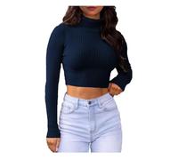 GOSTYLES® Womens Ribbed Polo Roll Neck Crop Top - Ladies Soft Knitted Mock Turtle Neck Long Sleeve Jumper Stretch Cropped Sweater Top (Navy, 8-10)