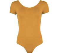 GOSTYLES® Womens Round Neck Ballet Dance Bodysuit, Ladies Plain Soft Stretch Short Sleeve Gymnastic Leotard Top (Mustard, S-M)