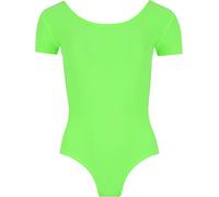 GOSTYLES® Womens Round Neck Ballet Dance Bodysuit, Ladies Plain Soft Stretch Short Sleeve Gymnastic Leotard Top (Neon Green, XXL)