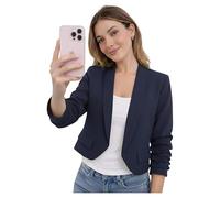 GOSTYLES Womens Ruched Sleeve Fully Lined Crop Blazer, Ladies Casual Formal Collared Jacket (Navy, 12)