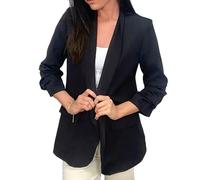 Gostyles® Women's Ruched Sleeve Fully Lined Jackets, Ladies Office Work Open Front Coats Plain Collar Italian Blazer with Pockets (Black, L)