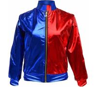 GOSTYLES Womens Shiny Metallic Bomber Jacket Red & Blue - Lightweight Zip Up Party Coat for Halloween, Fancy Dress, Festival, Clubwear Outfit Small-Medium