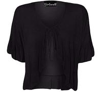GOSTYLES® Womens Short Sleeve Stretch Frill Front Tie Cardigan, Ladies Elegant Summer Layer Cropped Bolero Shrug Top (Black, 22-24)