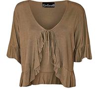 GOSTYLES® Womens Short Sleeve Stretch Frill Front Tie Cardigan, Ladies Elegant Summer Layer Cropped Bolero Shrug Top (Mocha, 20)