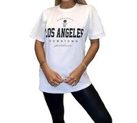 GOSTYLES® Womens Slogan Printed Oversized Baggy Fit Short Sleeves T-Shirt Summer Loose Round Neck Tee Top Ladies Elegant Casual Wear Shirts (Los Angeles Downtown White, M-L)