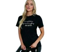 GOSTYLES® Womens Slogan Printed Oversized Baggy Fit Short Sleeves T-Shirt Summer Loose Round Neck Tee Top Ladies Elegant Casual Wear Shirts (Be Kind Black, L-XL)